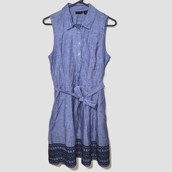 Tahari Linen Blue Embroidered Sleeveless Shirt Dress 4 - Picture 1 of 11